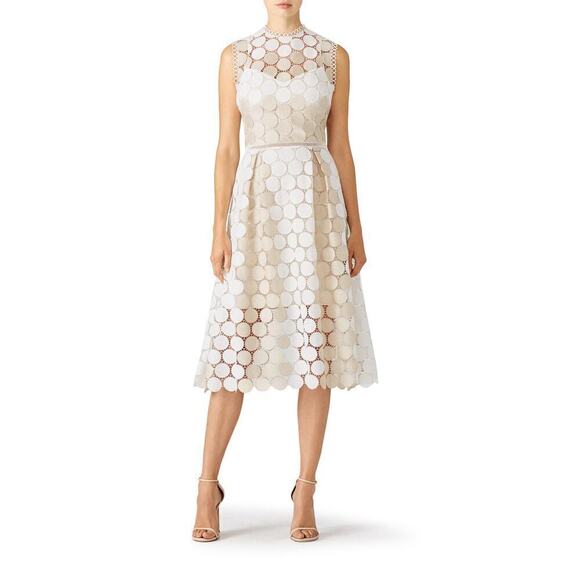 Shoshanna White Metallic Circle Lace Glengarry Cocktail Midi Dress Size 0 - Picture 1 of 15